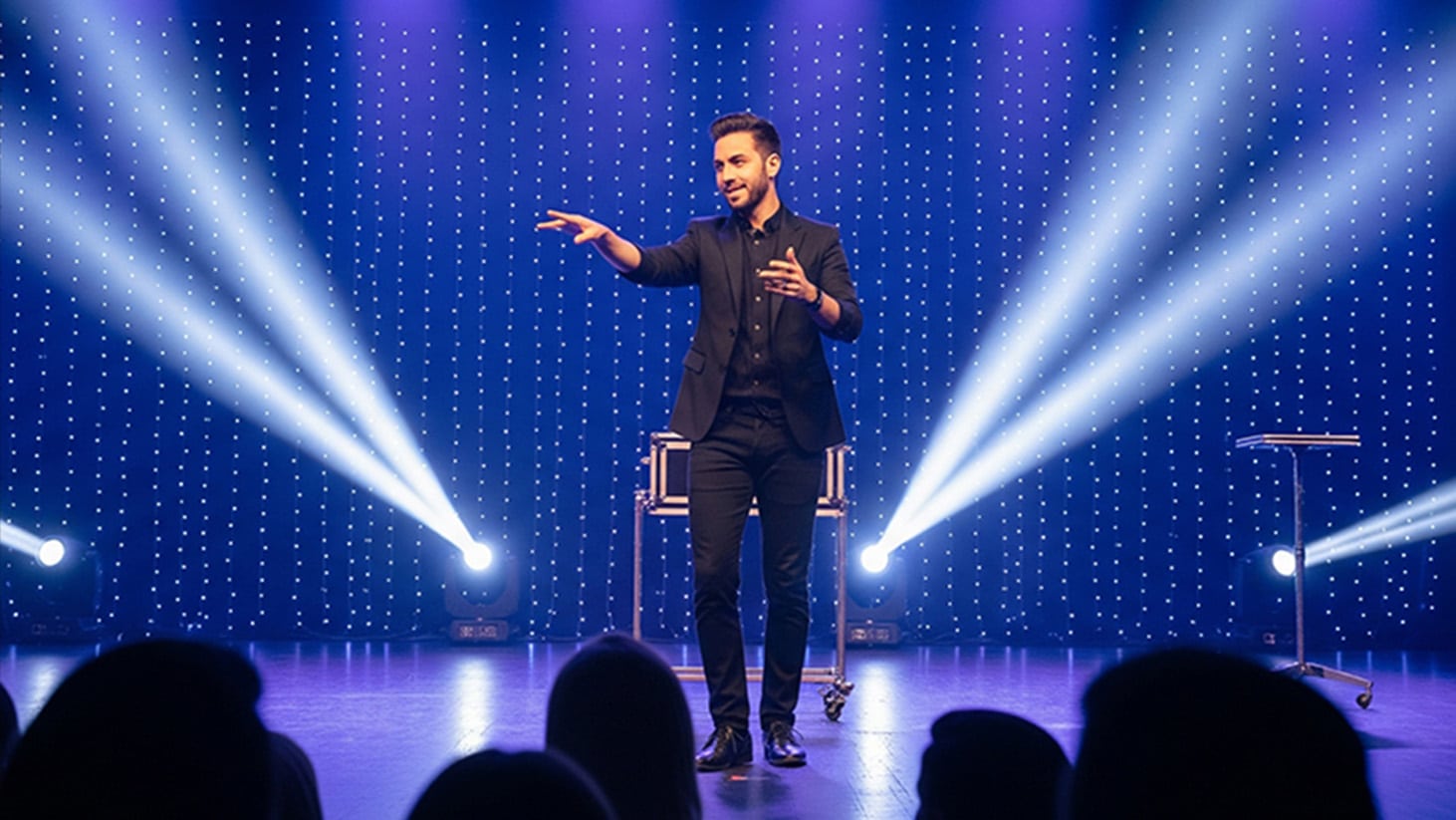 A male performer in a black suit jacket and black shirt stands center stage gesturing to the audience with one arm extended, in front of a large LED dot-matrix wall glowing blue-purple with dramatic white beam lights radiating outward across the stage floor, audience silhouettes visible in the foreground — stage performance at Allstars of Magic, V Theater, Planet Hollywood Las Vegas