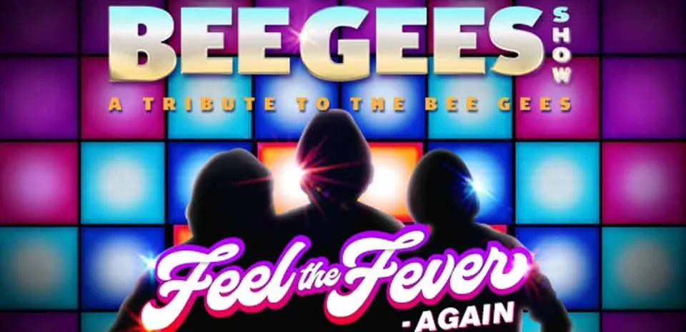 The Australian Bee Gees Show — Feel the Fever Again key art with three tribute performer silhouettes against a purple disco backdrop