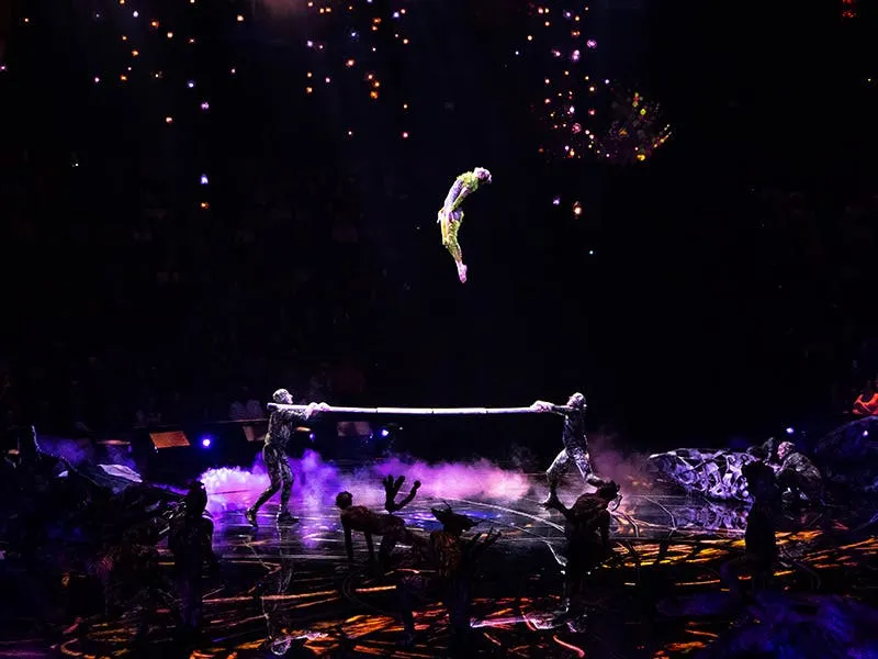 Awakening aerial acrobat flying high above the stage at the custom Awakening Theater, Wynn Las Vegas