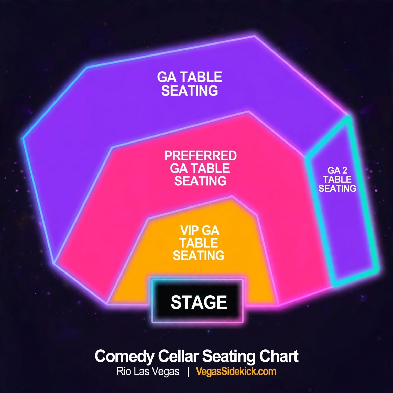 Comedy Cellar seating chart at Rio Las Vegas showing GA, Preferred GA, VIP GA and GA 2 table seating