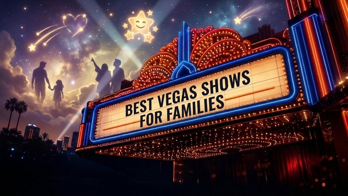Best Vegas shows for families — a glowing Las Vegas theater marquee under a starry sky with a family looking on