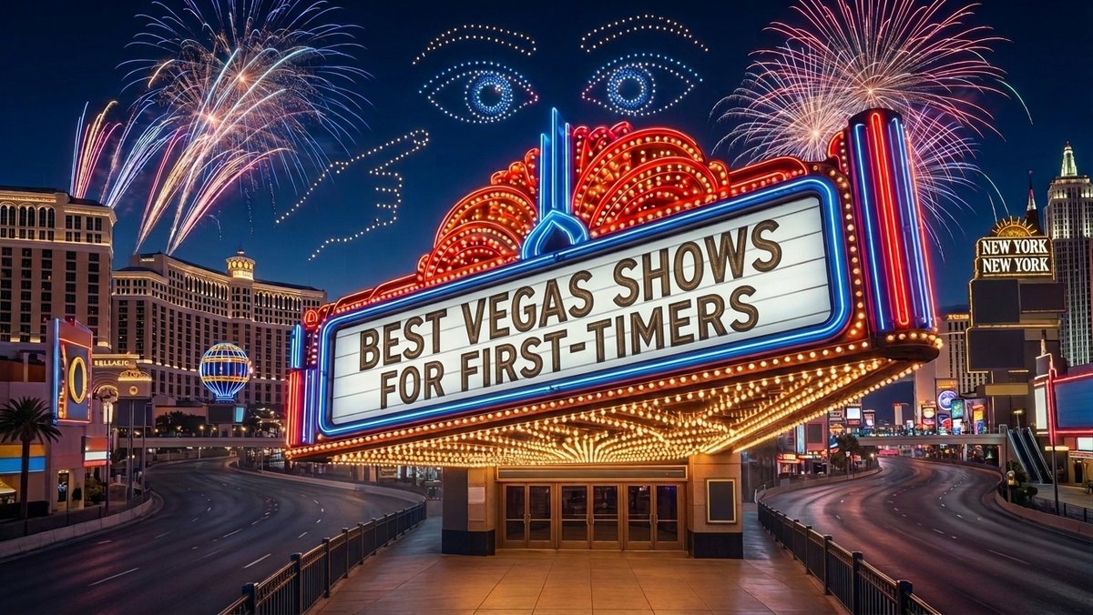 Best Vegas shows for first-timers — a glowing Las Vegas Strip theater marquee with fireworks over the Bellagio and New York-New York