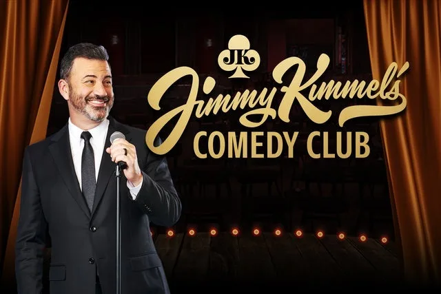 Jimmy Kimmel's Comedy Club key art with Jimmy Kimmel in front of a gold-lettered logo and red curtain