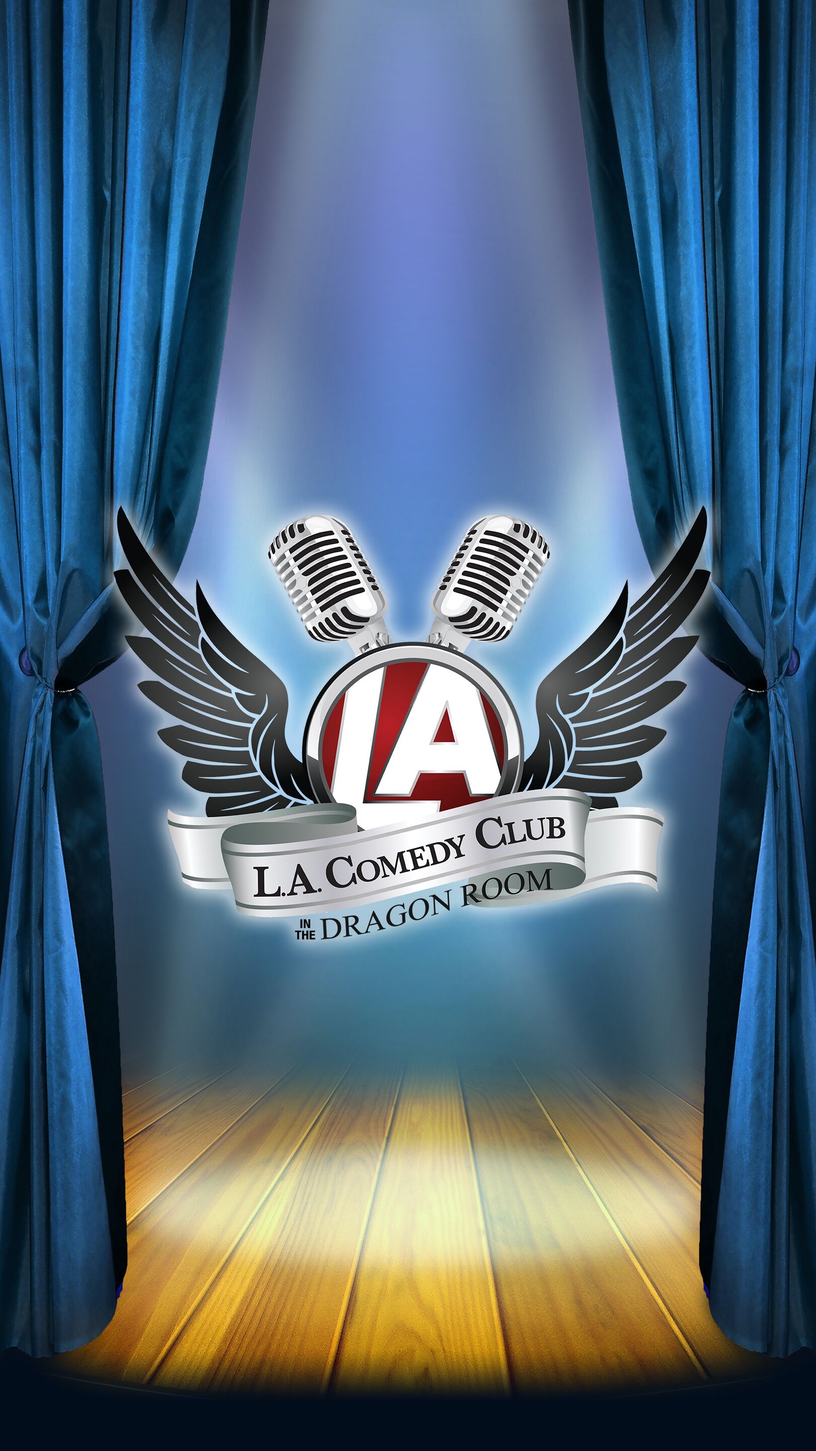 LA Comedy Club in the Dragon Room logo on stage with blue velvet curtains at The STRAT Hotel Casino Tower Las Vegas