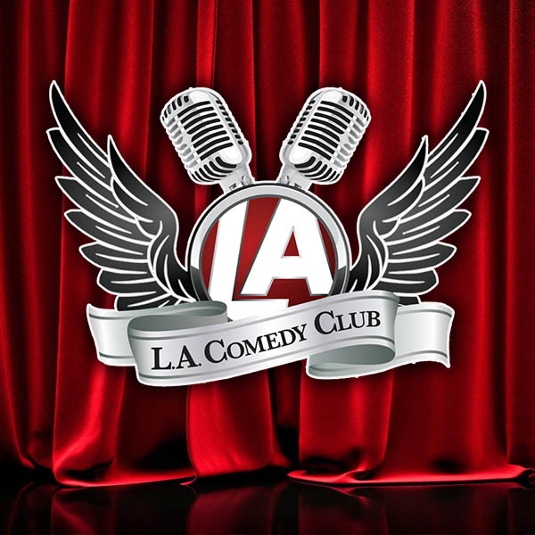 LA Comedy Club Las Vegas logo with twin vintage microphones and wings on red stage curtain at The STRAT Hotel