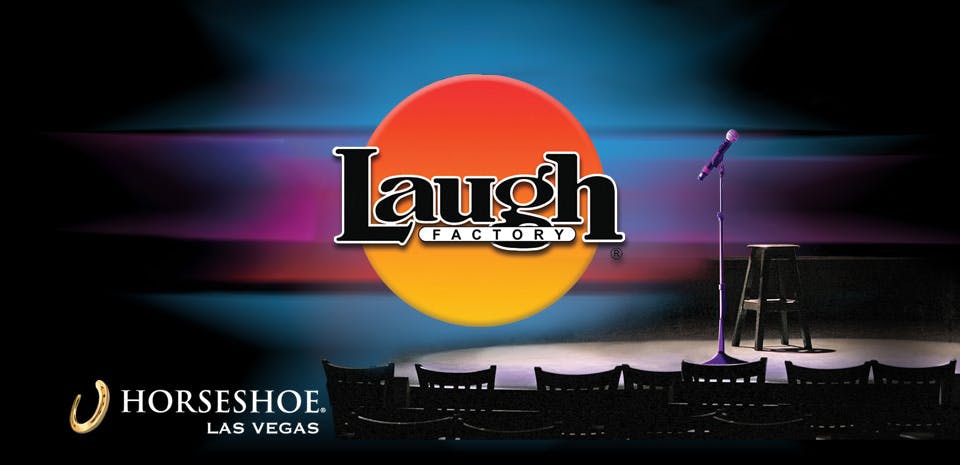 Laugh Factory Las Vegas comedy club logo with microphone stand and seating at Horseshoe Las Vegas
