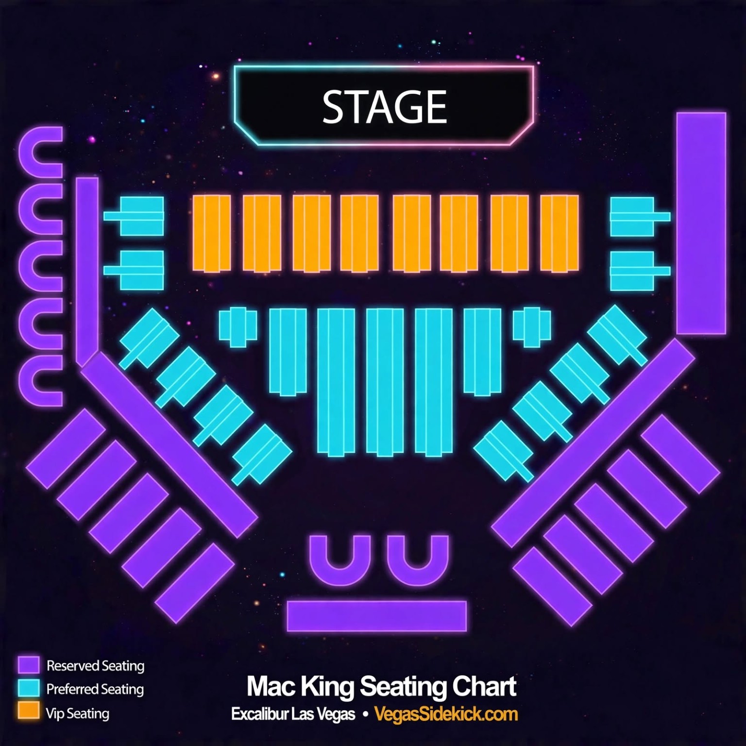 Mac King seating chart at Excalibur showing VIP, Preferred and Reserved seating