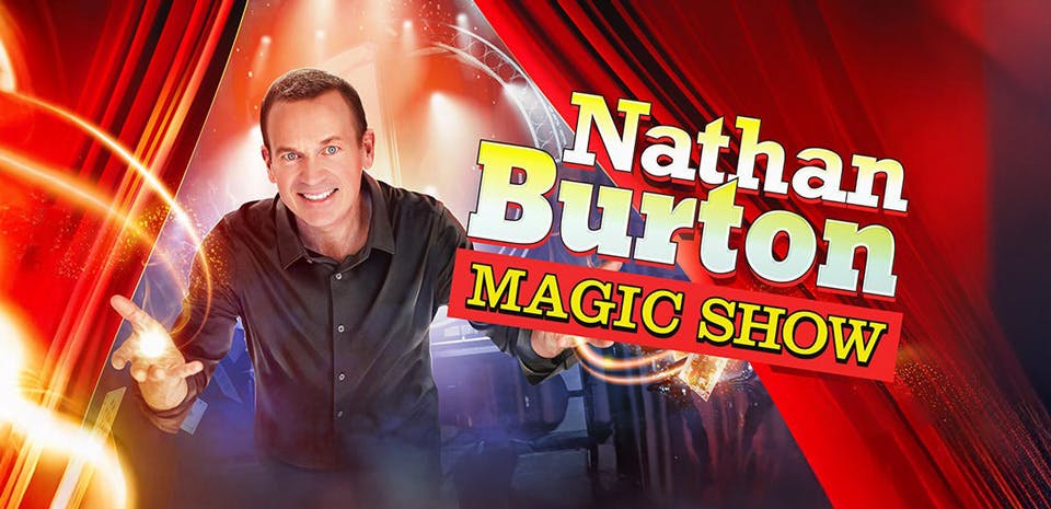 Nathan Burton Comedy Magic show poster — Las Vegas magician and comedian performing at FlyOver Las Vegas on the Strip