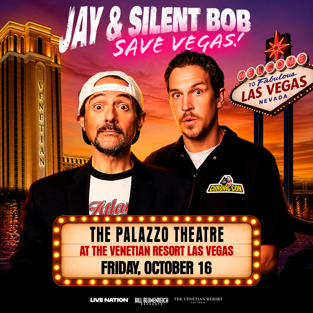 Official Jay and Silent Bob Save Vegas! poster — Kevin Smith and Jason Mewes stand together in character against a glowing Las Vegas Strip sunset backdrop, with marquee text announcing The Palazzo Theatre at The Venetian Resort, Friday October 16