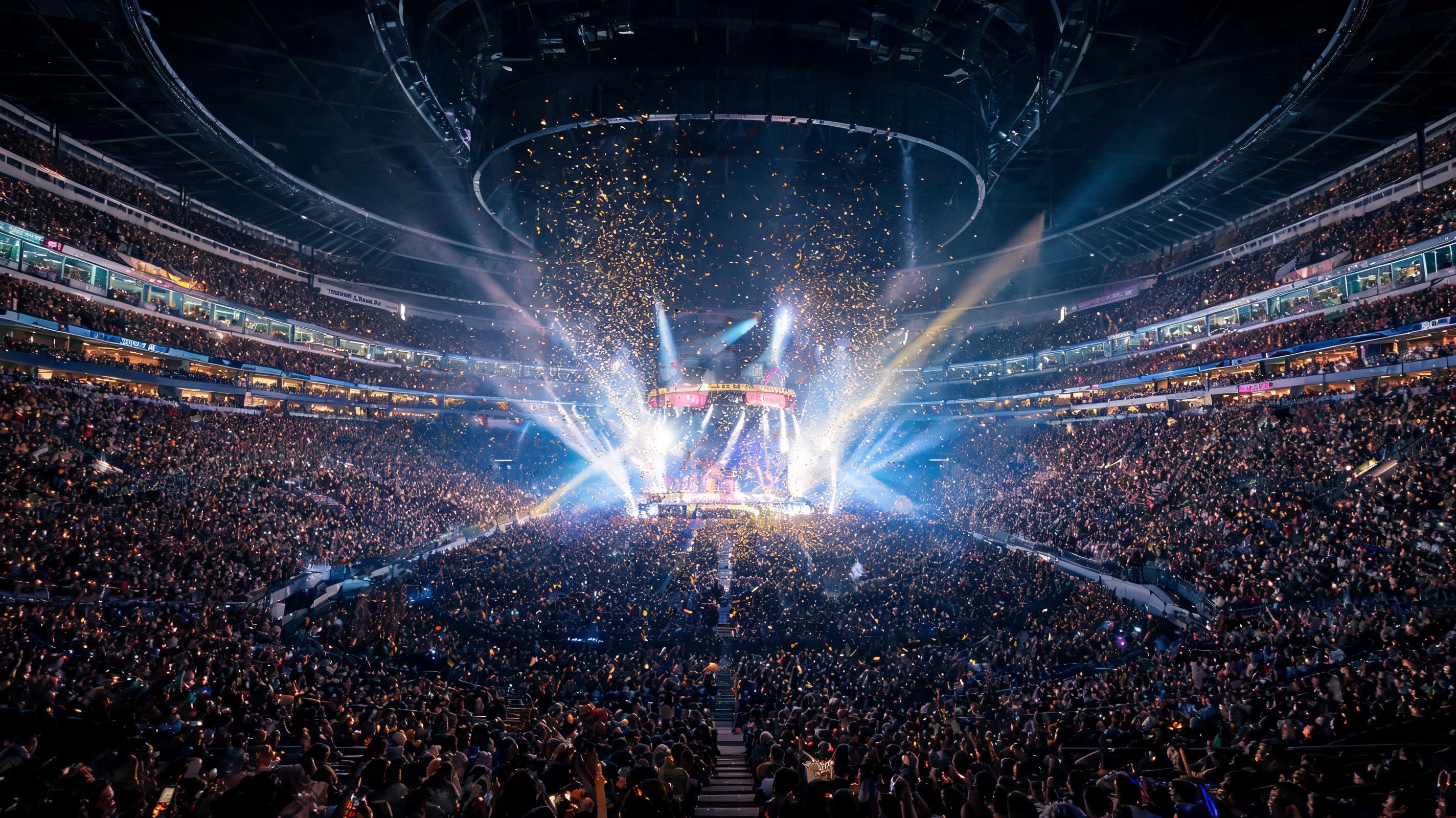 Packed stadium arena at a major Las Vegas concert — 60,000 fans under a ring of lights as confetti fills the air above the stage