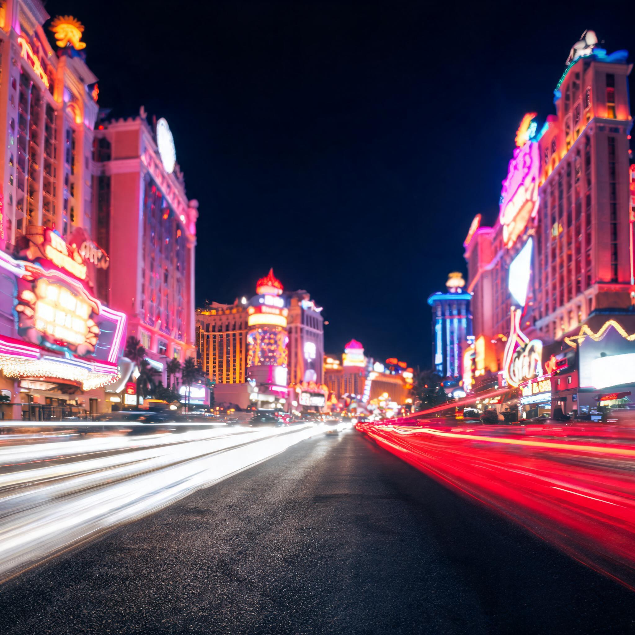 The Las Vegas Strip at night — long-exposure shot showing streaks of red and white light from traffic along the boulevard, with casino hotel towers lit up in pink and gold against the dark sky
