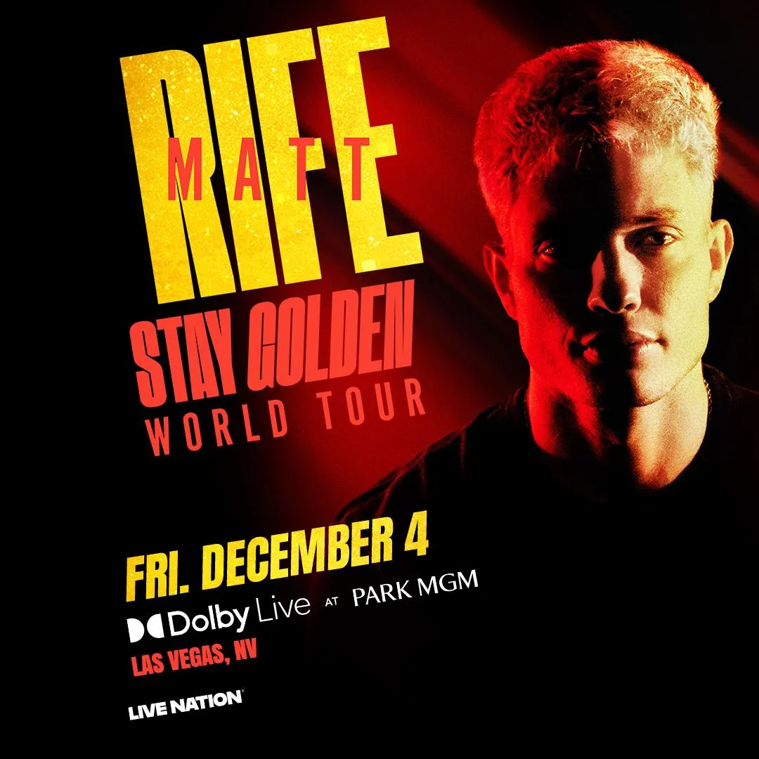 Matt Rife Stay Golden World Tour official poster — Friday December 4 at Dolby Live at Park MGM, Las Vegas