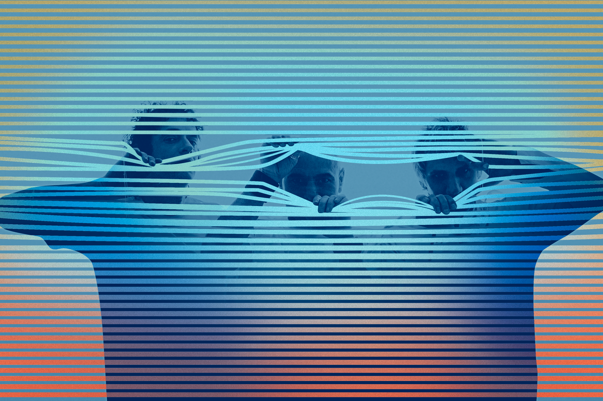 Soda Stereo ECOS Tour artistic promotional image — the three band members rendered in a striking blue and orange scan-line visual treatment, evoking the band's signature electronic and cinematic aesthetic