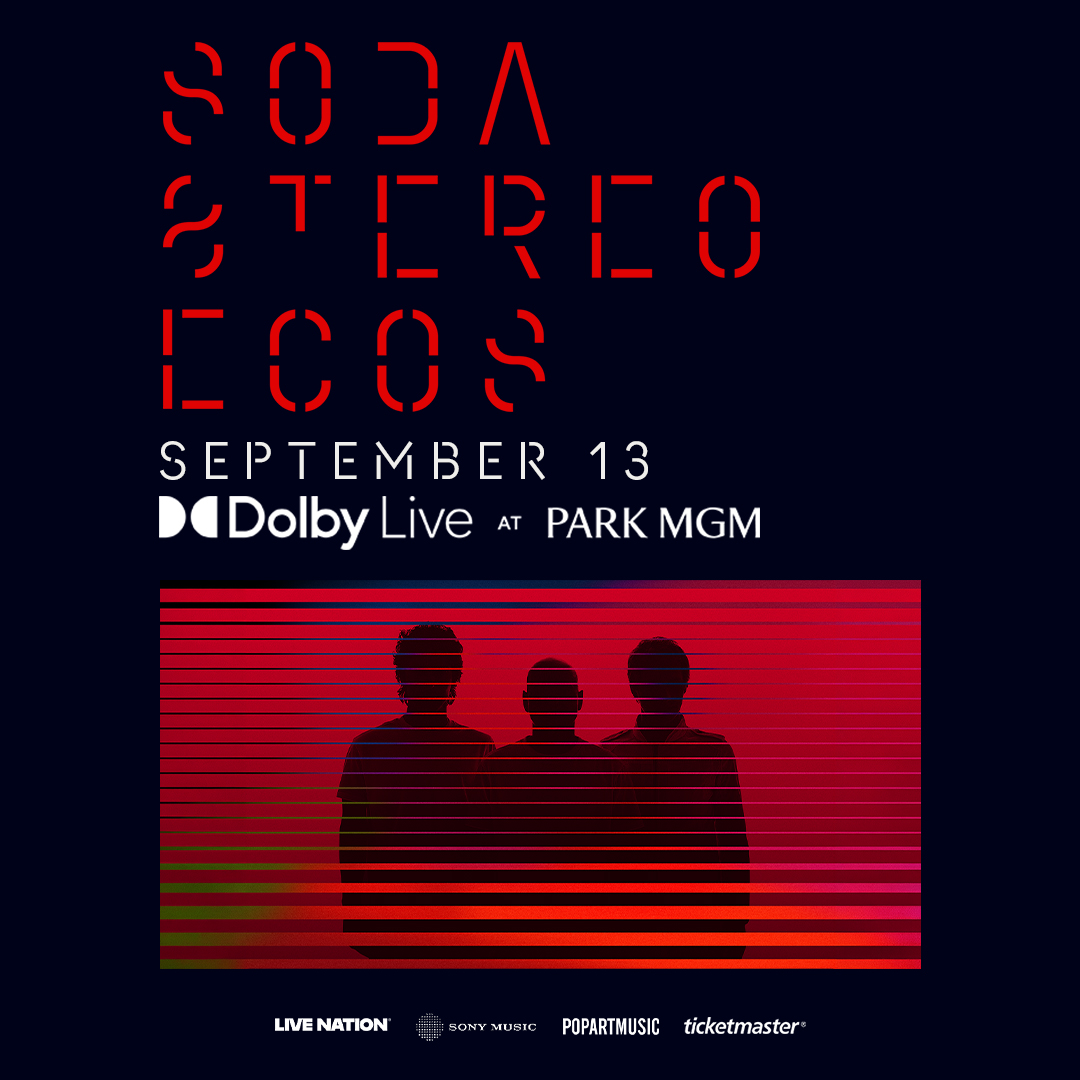 Official Soda Stereo ECOS Tour poster for the Las Vegas show — bold red 'SODA STEREO ECOS' lettering on dark navy background with three silhouettes, September 13 at Dolby Live at Park MGM, presented by Live Nation and Sony Music