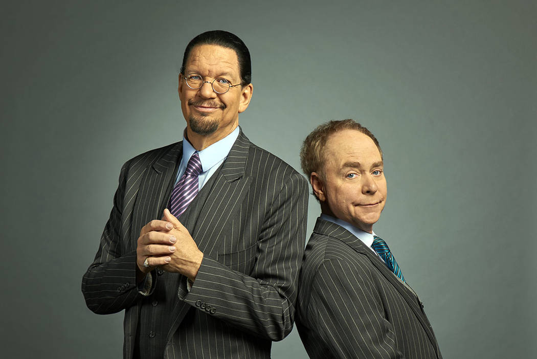 Penn Jillette and Teller in their classic back-to-back promo pose — the world's most famous magic-comedy duo, 21 years at the Penn & Teller Theater at Rio Hotel Las Vegas