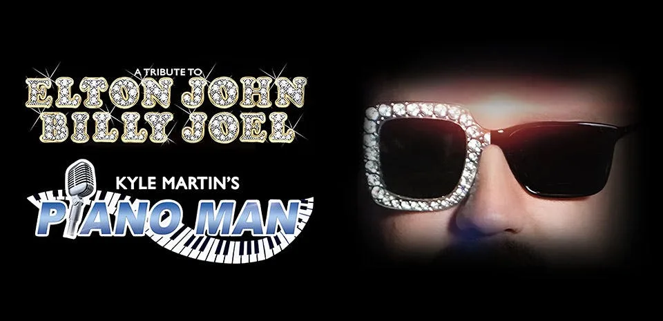 Piano Man key art — a tribute to Elton John and Billy Joel featuring diamond-studded sunglasses, Kyle Martin's Piano Man