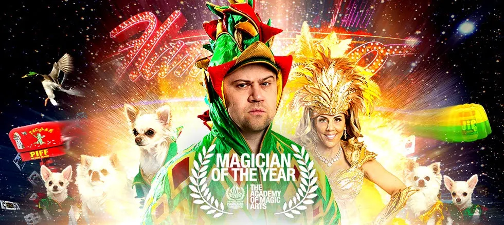Piff The Magic Dragon — Magician of the Year with showgirl and chihuahuas, Las Vegas Strip