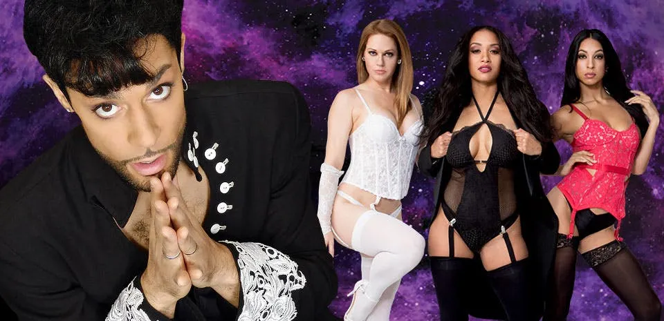 Purple Reign Prince tribute performer with three burlesque dancers in lingerie on a purple cosmic backdrop