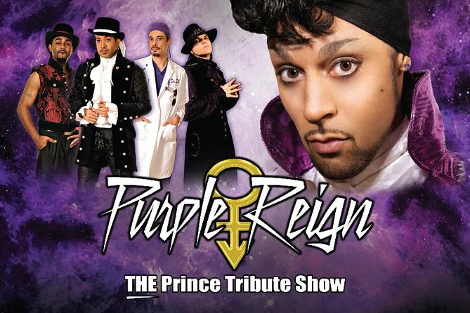 Purple Reign — The Prince Tribute Show key art with the band and a close-up Prince tribute portrait against a purple cosmic background