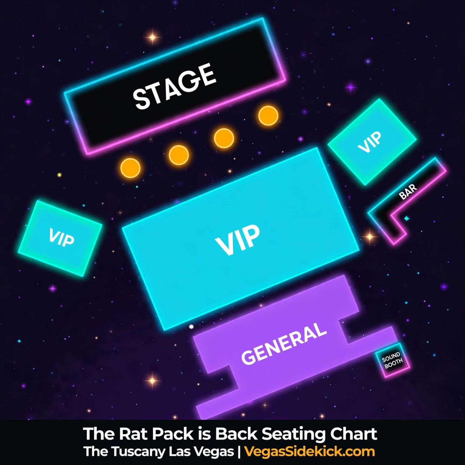 The Rat Pack Is Back seating chart at the Copa Room showing VIP and General Admission