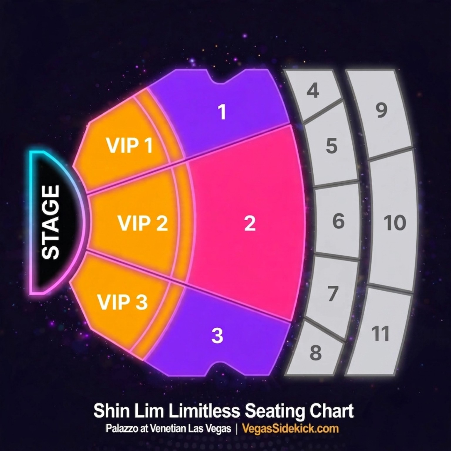 Shin Lim LIMITLESS seating chart at Palazzo Theatre, showing VIP 1–3 and Sections 1–11