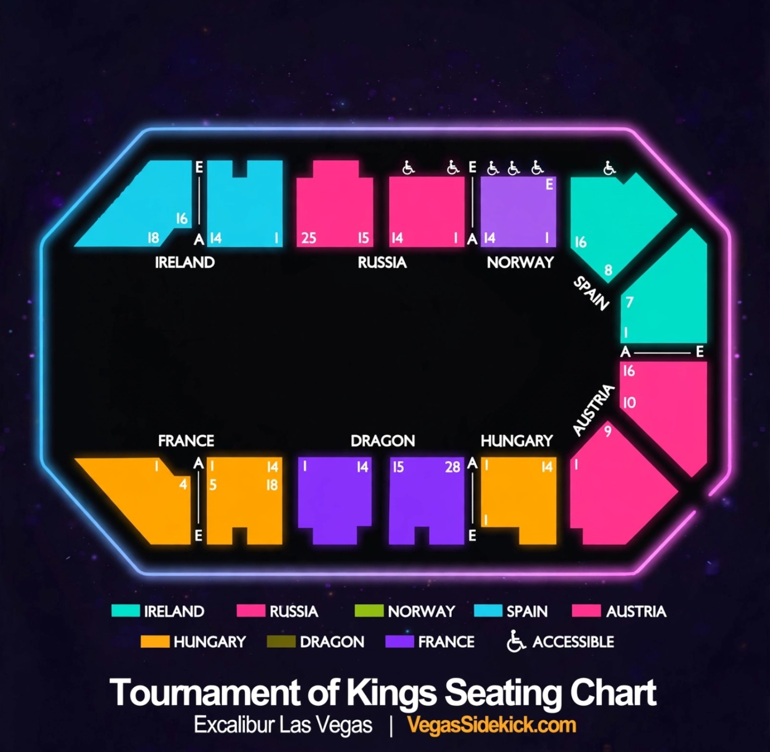 Tournament of Kings seating chart at Excalibur showing Ireland, Russia, Norway, Spain, Austria, Hungary, Dragon and France around the arena