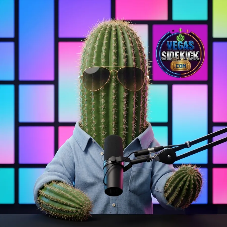 Spike, the Vegas Sidekick cactus mascot, wearing aviators at his podcast microphone