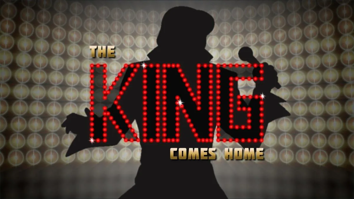 The King Comes Home Elvis Presley tribute concert logo and silhouette against a spotlit stage backdrop