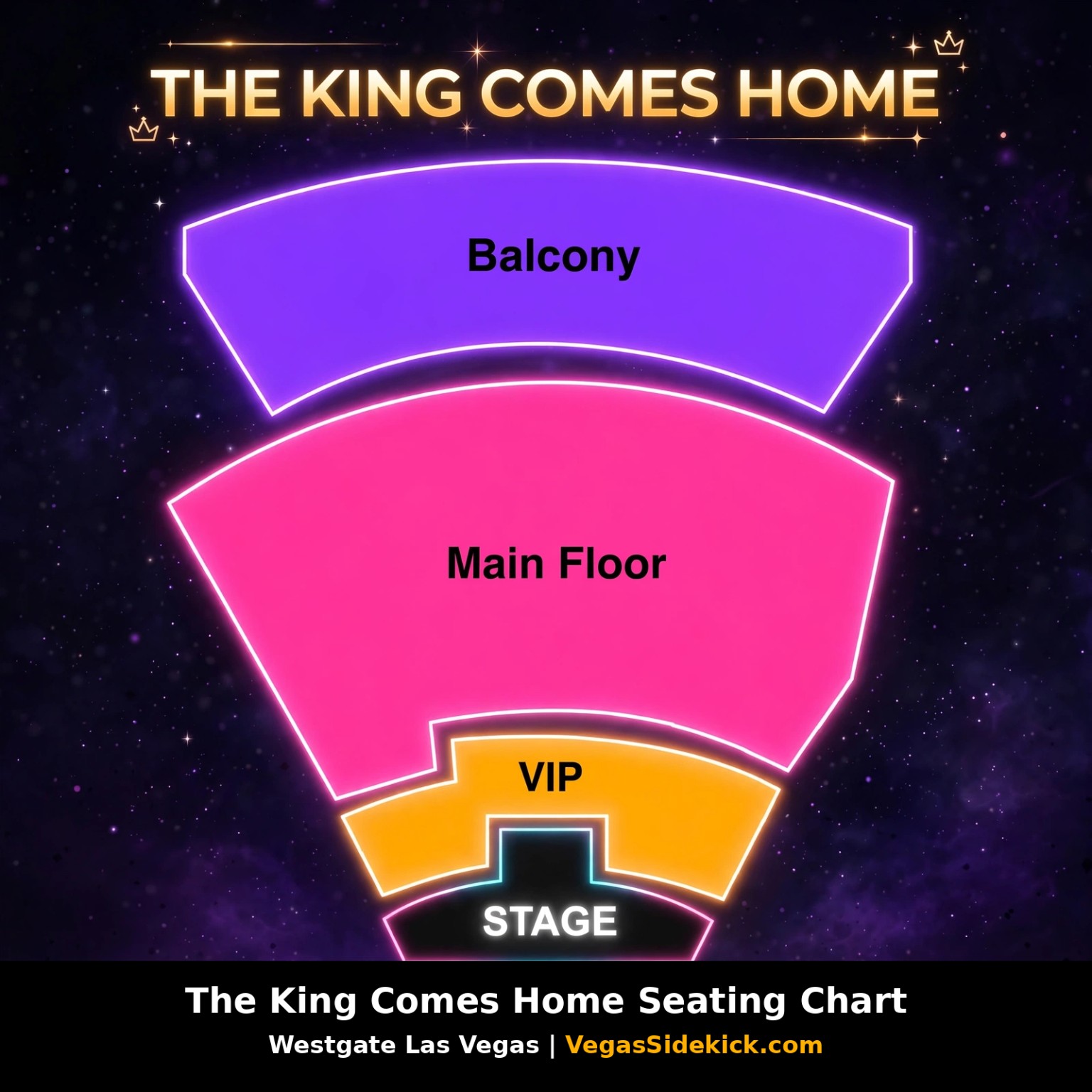 The King Comes Home seating chart at Westgate Las Vegas showing VIP, Main Floor and Balcony seating