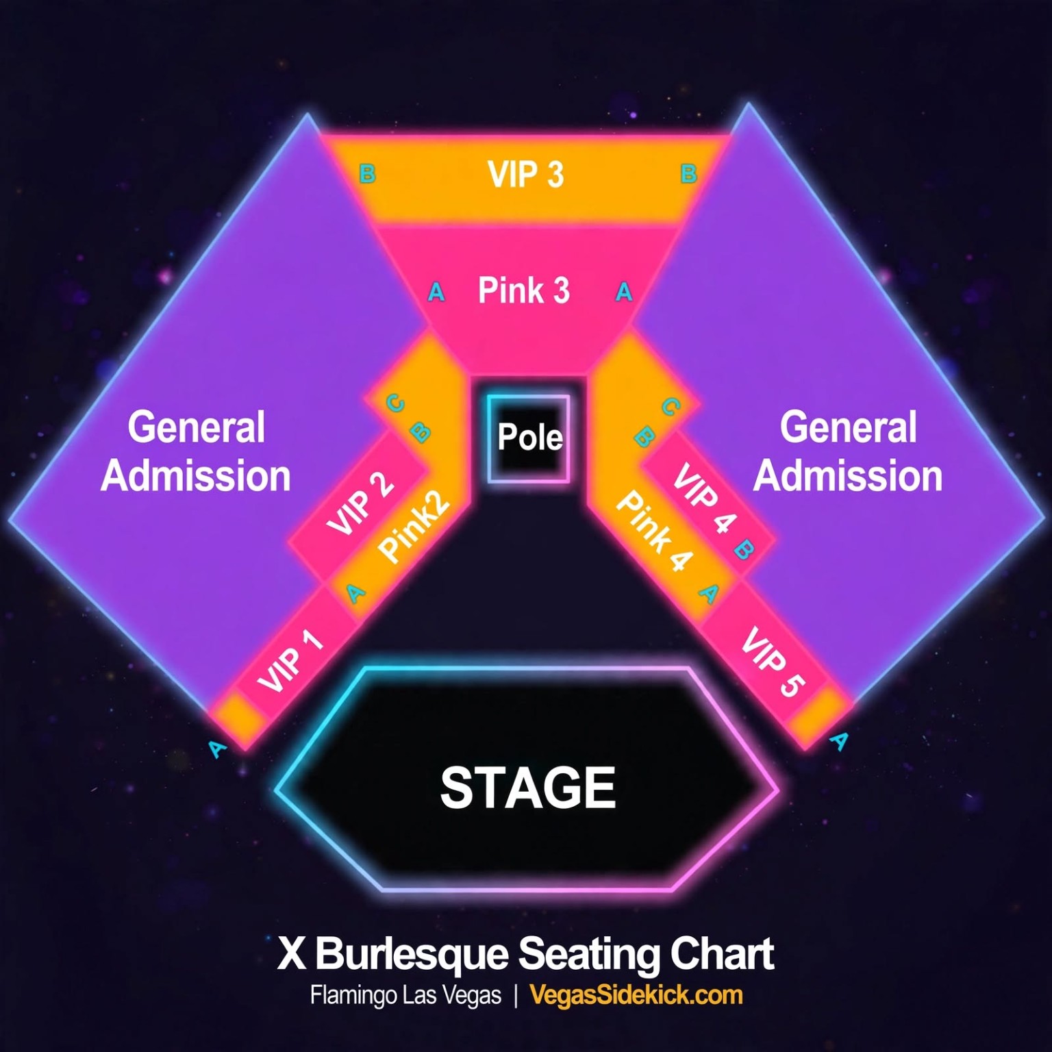 X Burlesque seating chart at Bugsy's Cabaret showing General Admission, VIP and Pink seating areas around the stage and pole